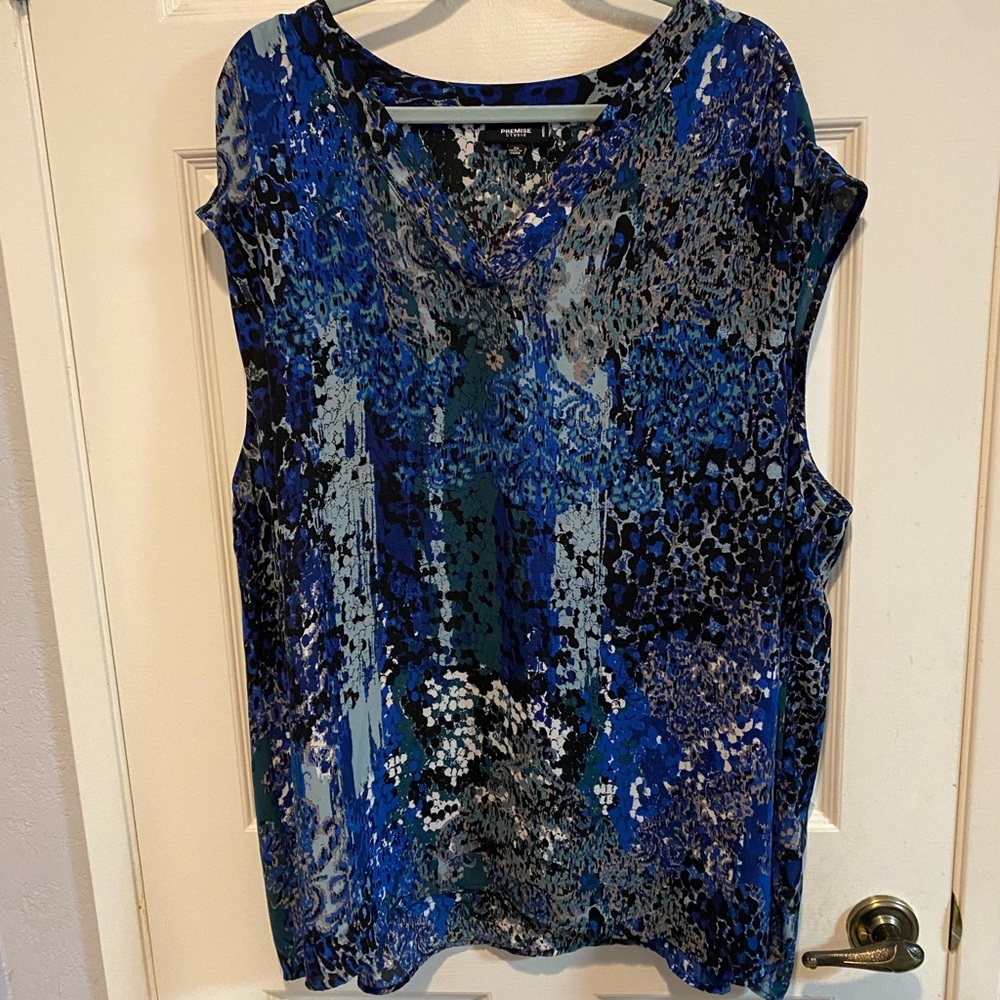 Premise Blue Multi-Pattern V-Neck Sleeveless Top